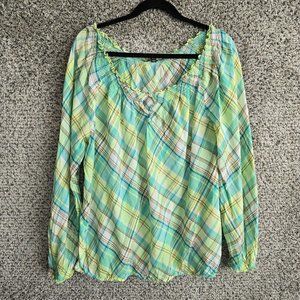 Lane Bryant‎ Top Womens Plus 18/20 Green Plaid Off The Shoulder Semi Sheer